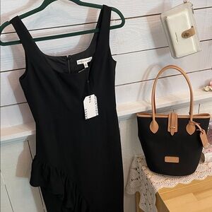 Dress the population Black Ruffle Maxi Dress high low slit